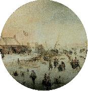 Winter landscape with skates and people playing kolf